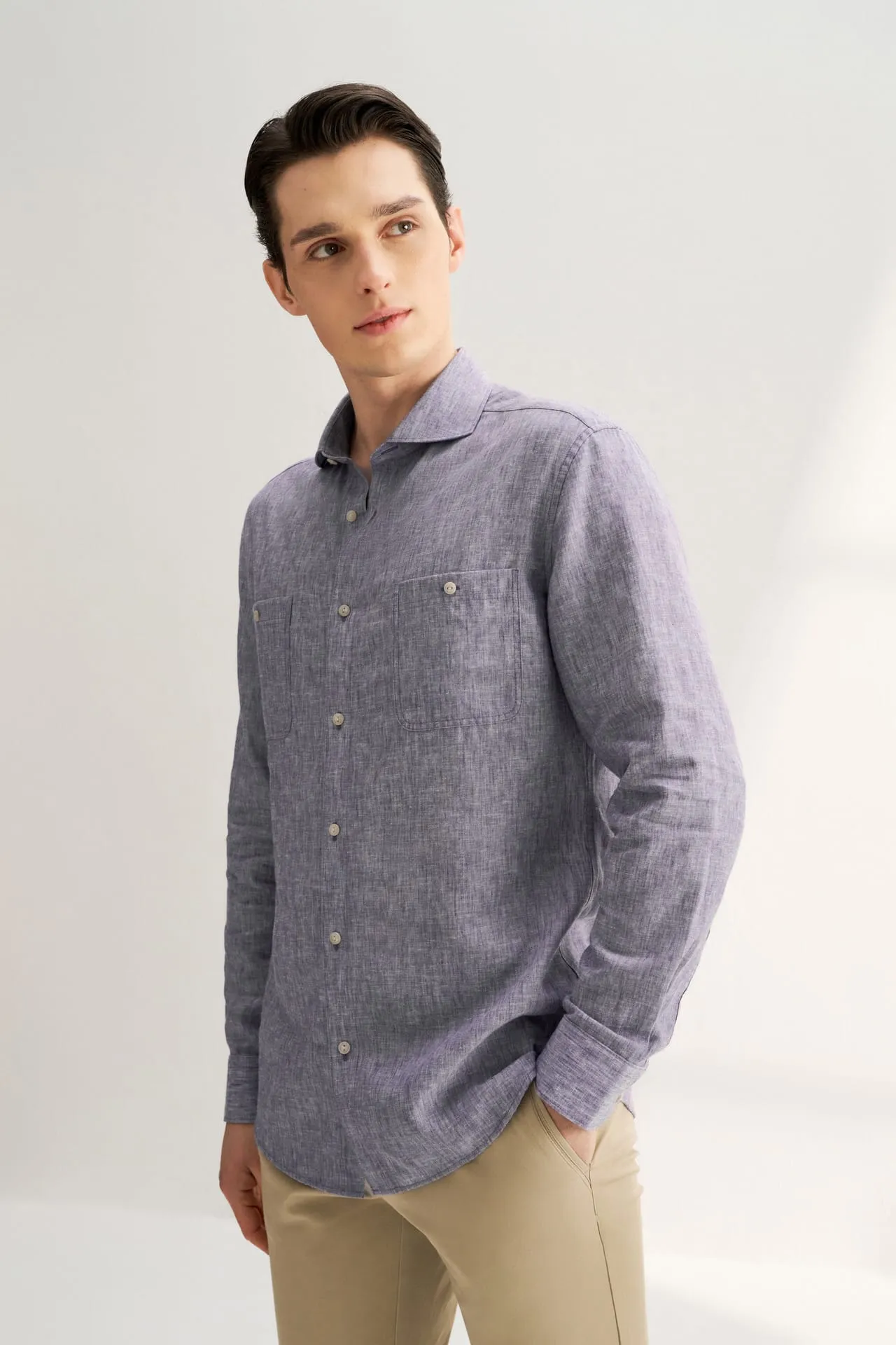 Linen Blend Casual Shirt in Smart Fit Windsor Collar