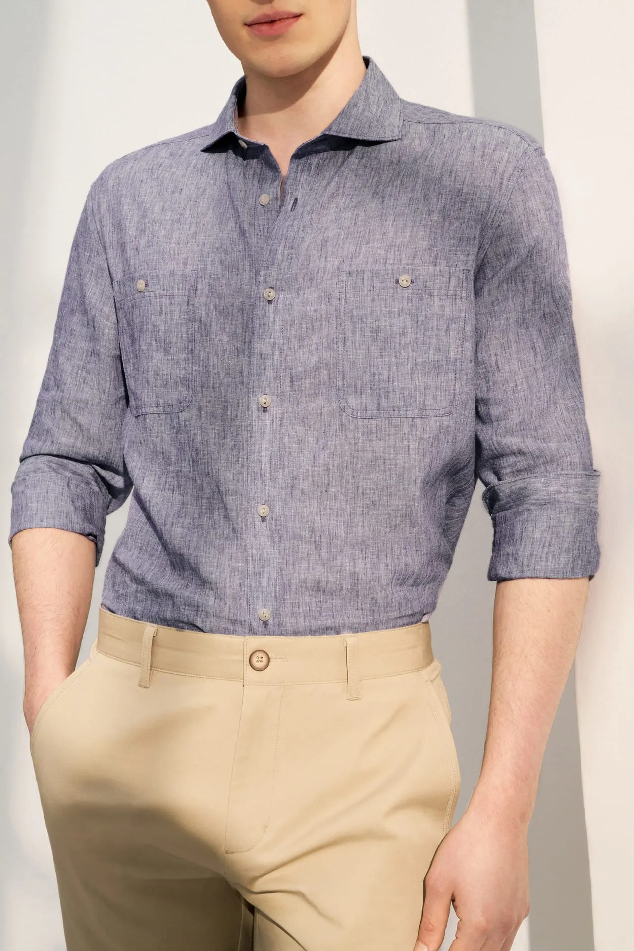 Linen Blend Casual Shirt in Smart Fit Windsor Collar