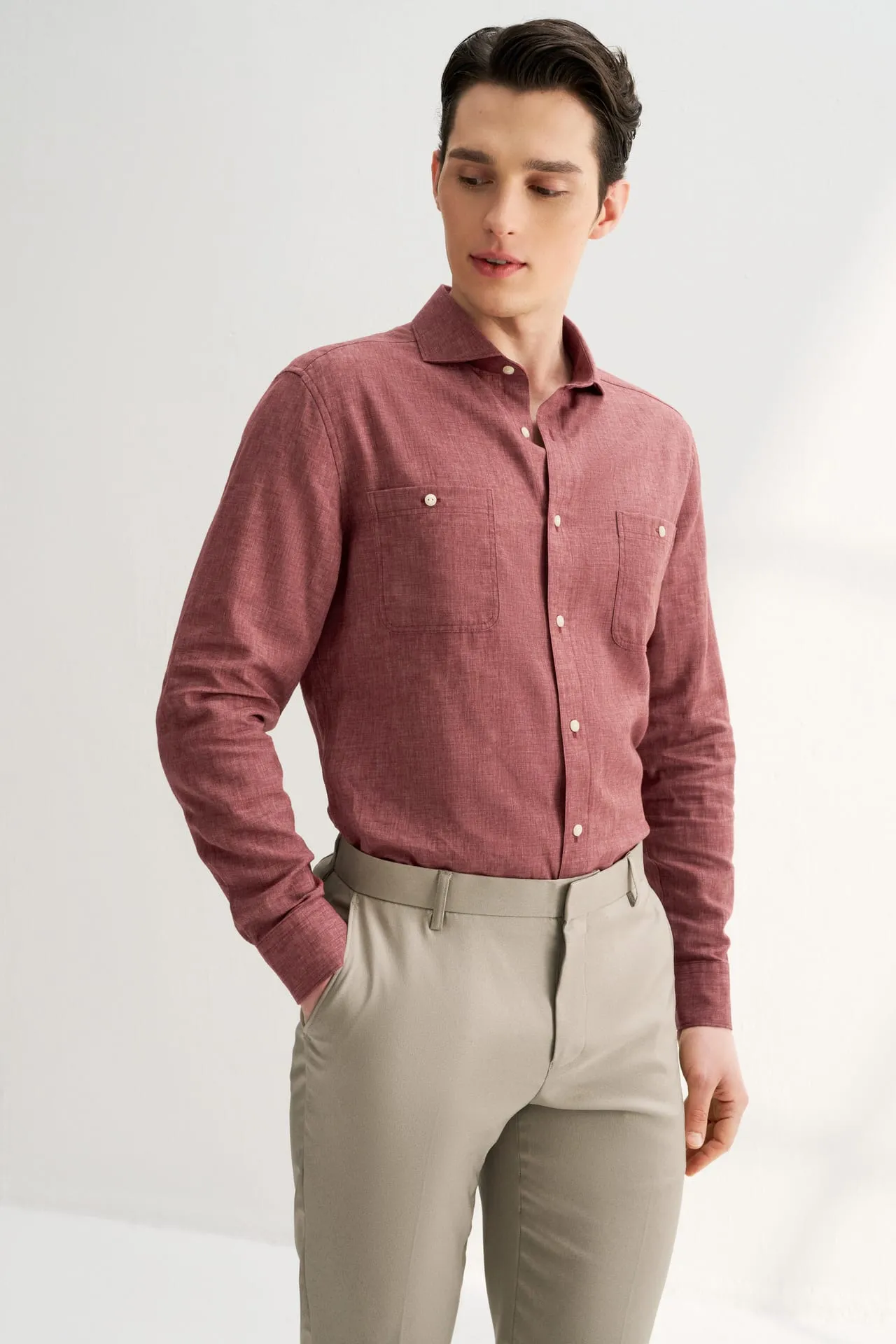 Linen Blend Casual Shirt in Smart Fit Windsor Collar