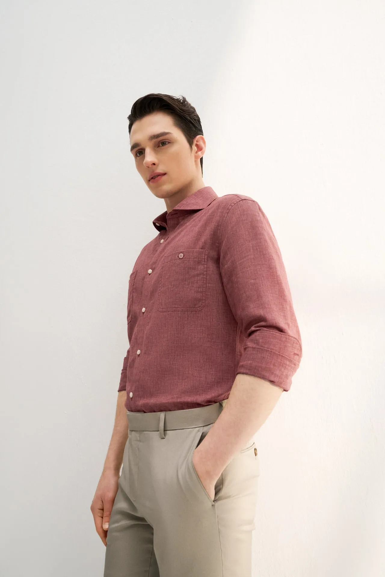 Linen Blend Casual Shirt in Smart Fit Windsor Collar