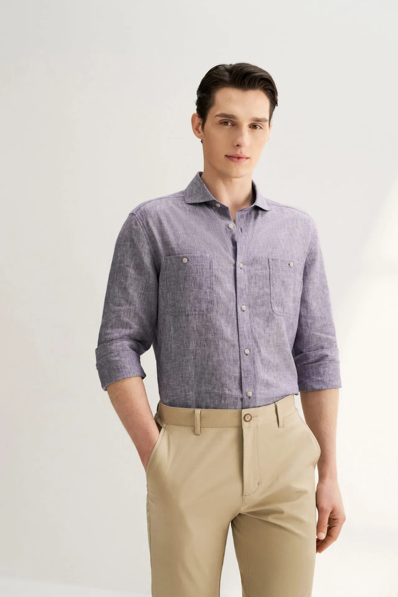 Linen Blend Casual Shirt in Smart Fit Windsor Collar