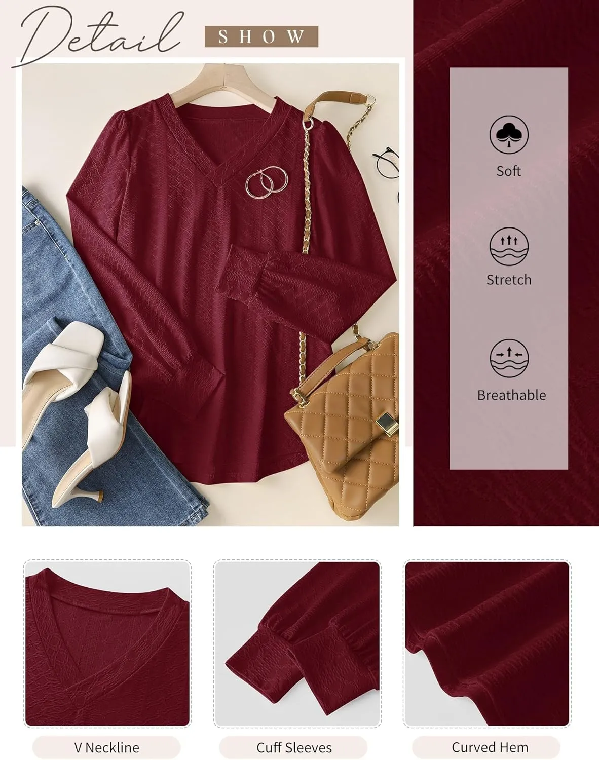LOMON Womens Long Sleeve Tops Fall V-Neck Blouses Dressy Casual Puff Sleeve Textured T-Shirts Eyelet Tunic