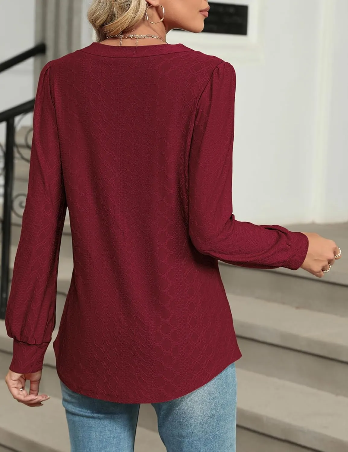 LOMON Womens Long Sleeve Tops Fall V-Neck Blouses Dressy Casual Puff Sleeve Textured T-Shirts Eyelet Tunic
