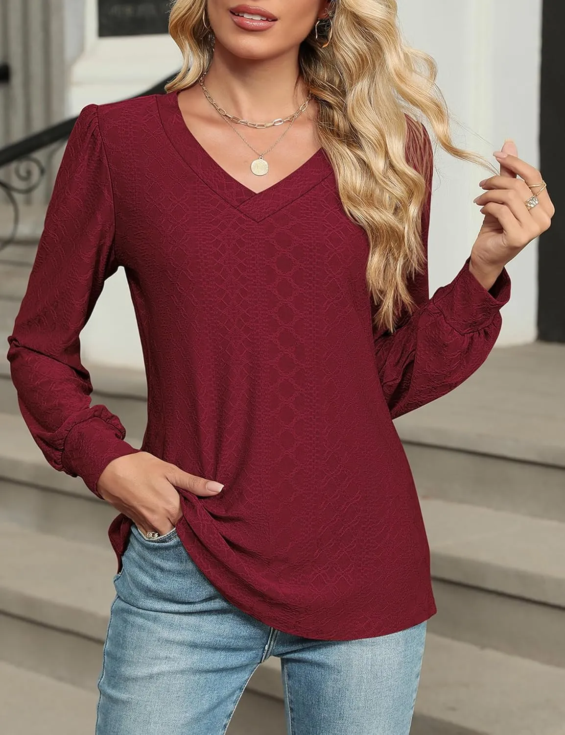 LOMON Womens Long Sleeve Tops Fall V-Neck Blouses Dressy Casual Puff Sleeve Textured T-Shirts Eyelet Tunic