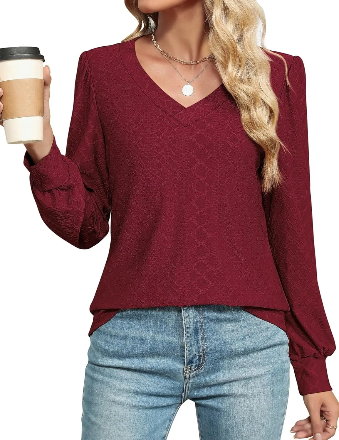 LOMON Womens Long Sleeve Tops Fall V-Neck Blouses Dressy Casual Puff Sleeve Textured T-Shirts Eyelet Tunic