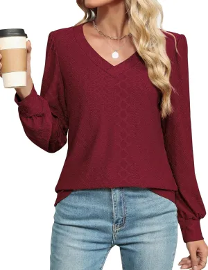 LOMON Womens Long Sleeve Tops Fall V-Neck Blouses Dressy Casual Puff Sleeve Textured T-Shirts Eyelet Tunic