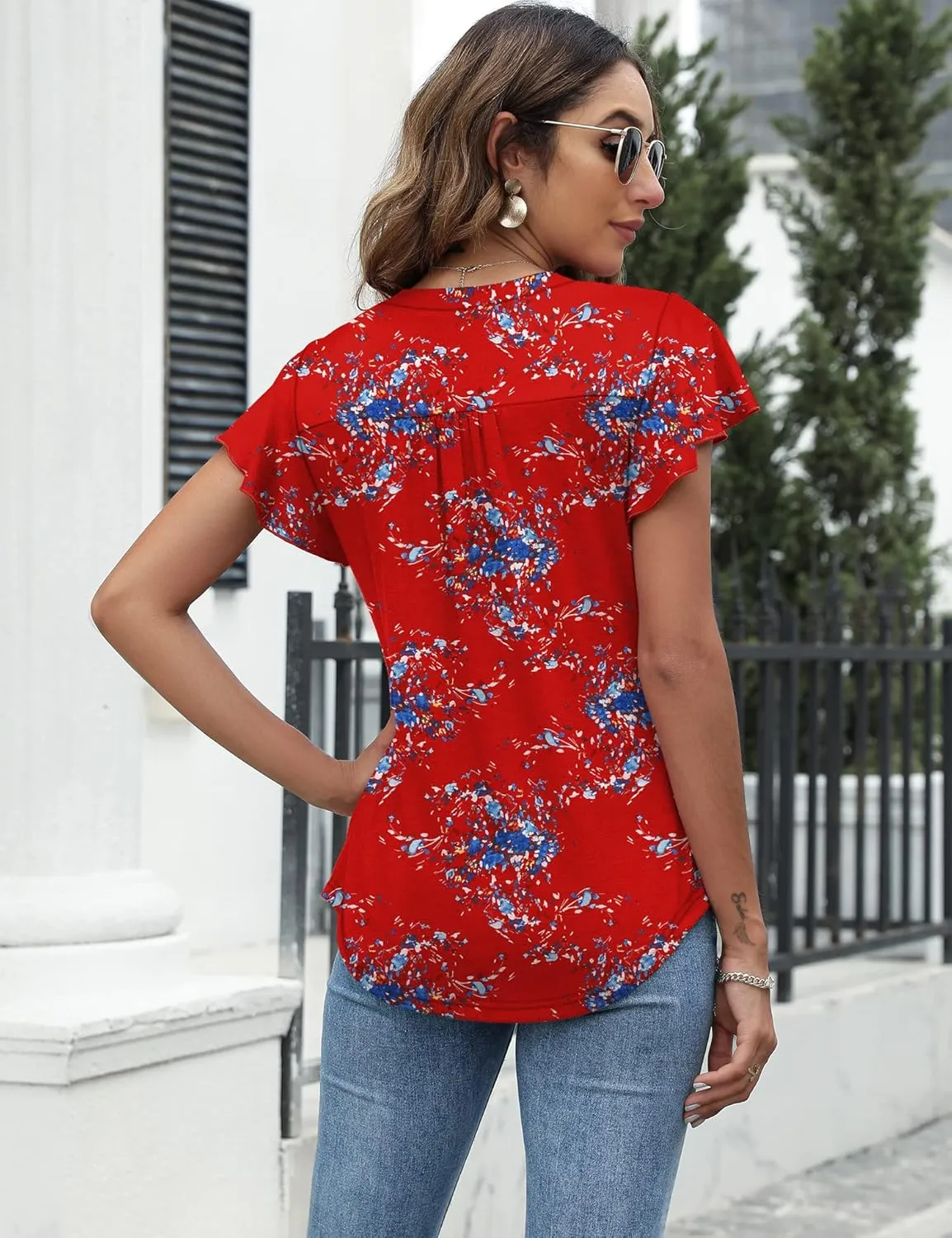LOMON Womens Tops Dressy Casual Summer Flutter Sleeve T-Shirts Trendy Ruffle Short Sleeve Loose V-Neck Tunic Tops
