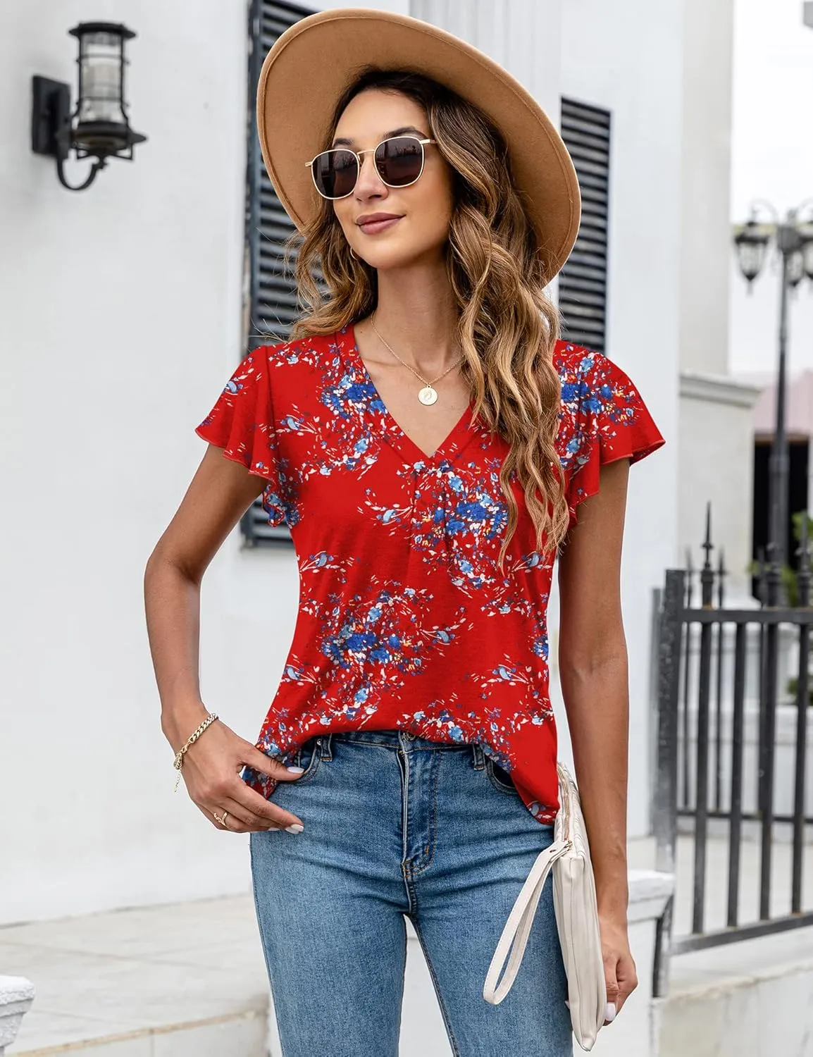 LOMON Womens Tops Dressy Casual Summer Flutter Sleeve T-Shirts Trendy Ruffle Short Sleeve Loose V-Neck Tunic Tops