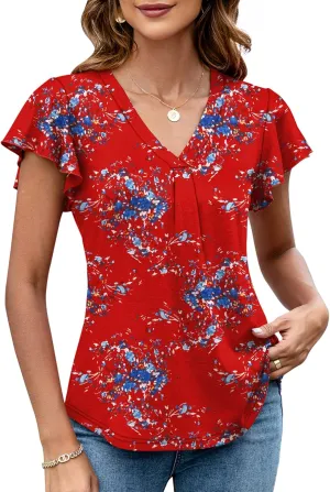 LOMON Womens Tops Dressy Casual Summer Flutter Sleeve T-Shirts Trendy Ruffle Short Sleeve Loose V-Neck Tunic Tops