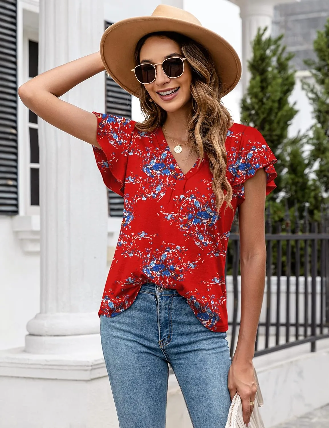 LOMON Womens Tops Dressy Casual Summer Flutter Sleeve T-Shirts Trendy Ruffle Short Sleeve Loose V-Neck Tunic Tops