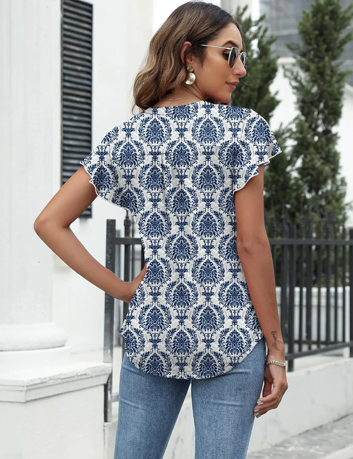 LOMON Womens Tops Dressy Casual Summer Flutter Sleeve T-Shirts Trendy Ruffle Short Sleeve Loose V-Neck Tunic Tops