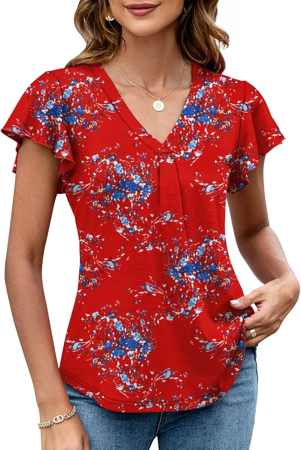 LOMON Womens Tops Dressy Casual Summer Flutter Sleeve T-Shirts Trendy Ruffle Short Sleeve Loose V-Neck Tunic Tops