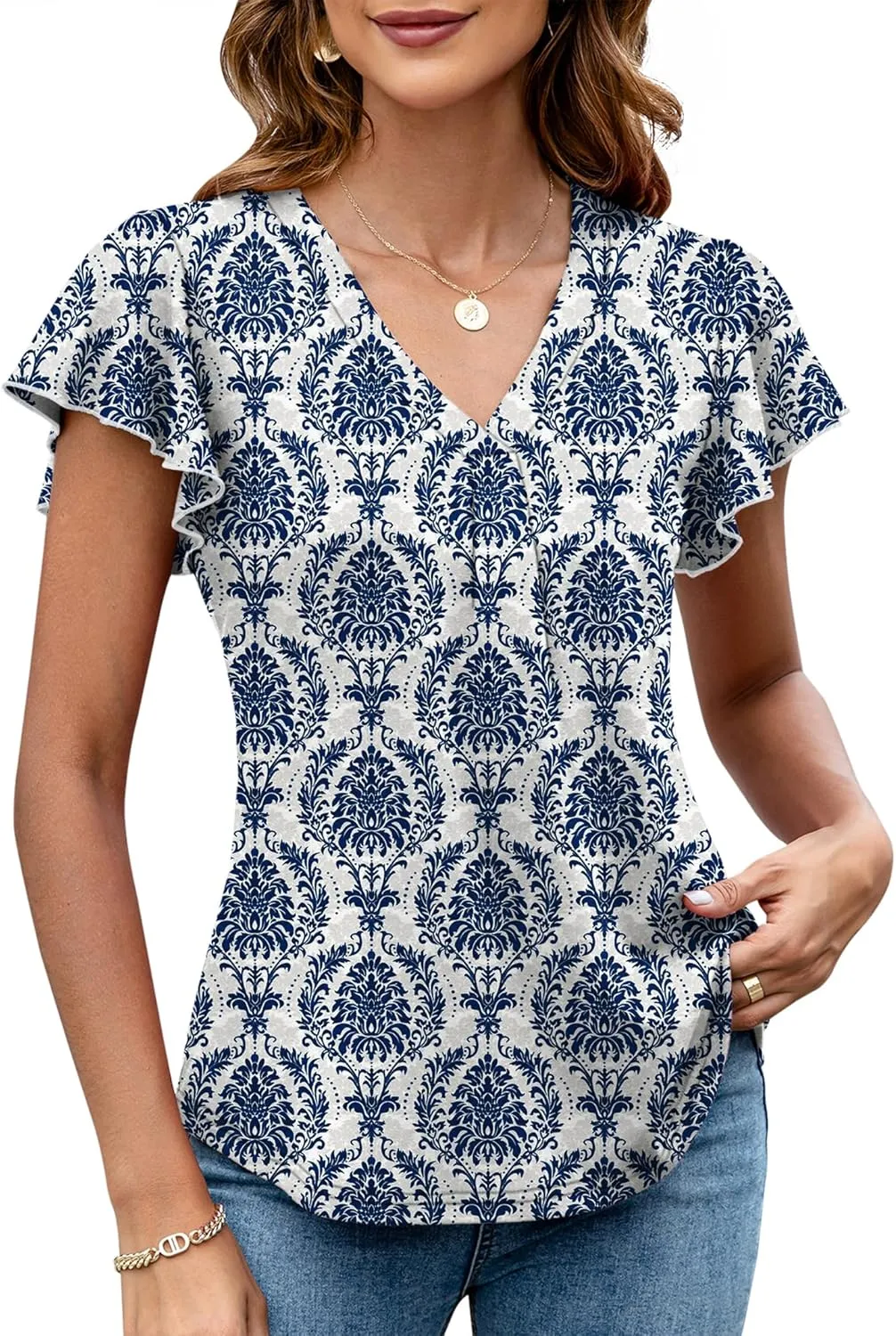 LOMON Womens Tops Dressy Casual Summer Flutter Sleeve T-Shirts Trendy Ruffle Short Sleeve Loose V-Neck Tunic Tops