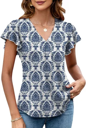 LOMON Womens Tops Dressy Casual Summer Flutter Sleeve T-Shirts Trendy Ruffle Short Sleeve Loose V-Neck Tunic Tops
