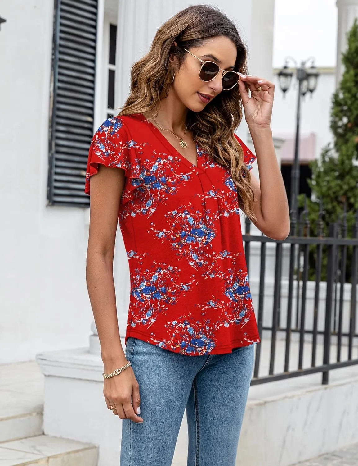 LOMON Womens Tops Dressy Casual Summer Flutter Sleeve T-Shirts Trendy Ruffle Short Sleeve Loose V-Neck Tunic Tops