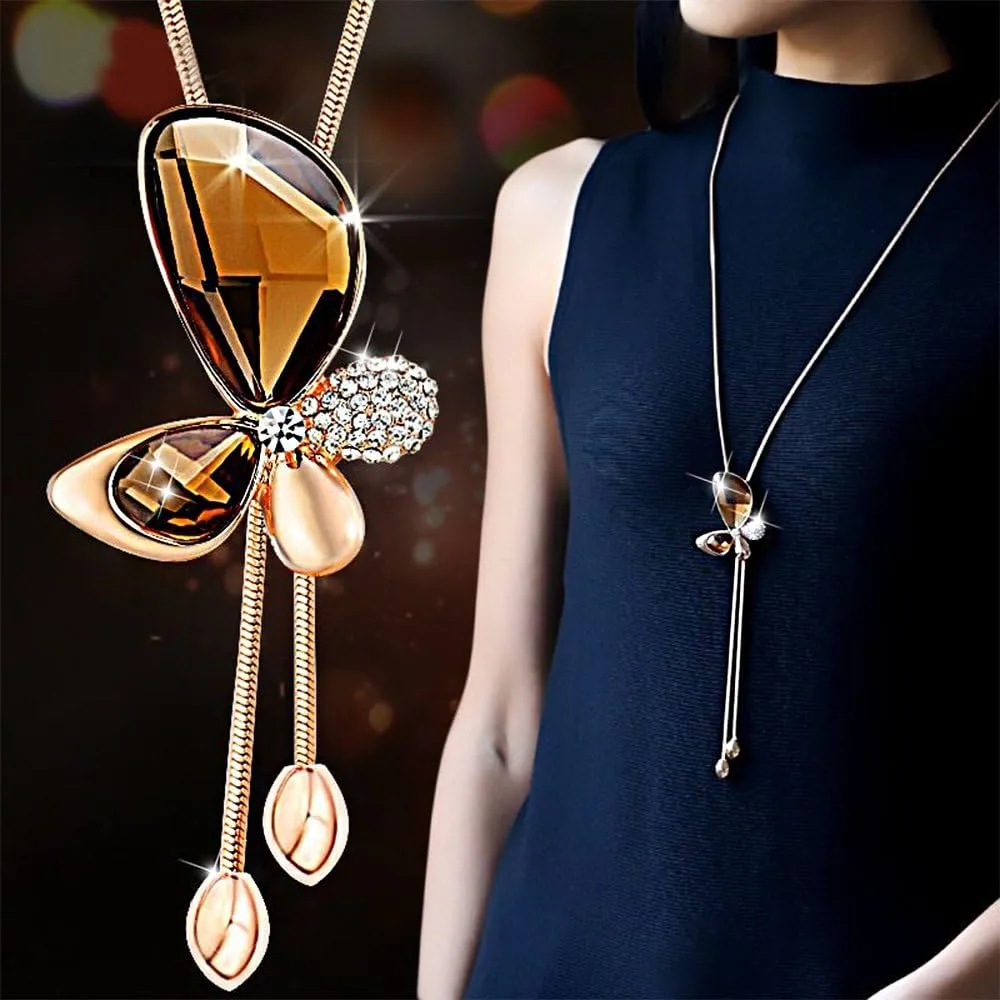 Long Chain Necklace Butterfly Pendant Sweater Necklace with Synthetic Crystals | Butterfly Jewelry | Charm Necklace Chain | Long Pendant Necklace for Women | Women Necklace