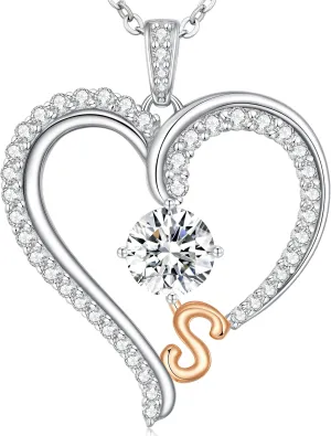LOUISA SECRET Gorgeous Love Heart Initial Necklaces for Women, 925 Sterling Silver Fine Jewelry, Pendant Heart Necklaces Birthday Anniversary Christmas Gift for Women Wife Mom Girlfriend Lady