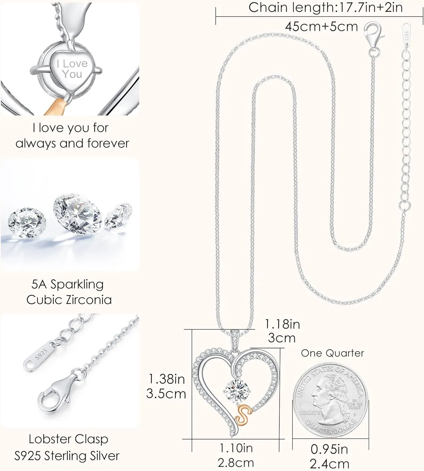 LOUISA SECRET Gorgeous Love Heart Initial Necklaces for Women, 925 Sterling Silver Fine Jewelry, Pendant Heart Necklaces Birthday Anniversary Christmas Gift for Women Wife Mom Girlfriend Lady