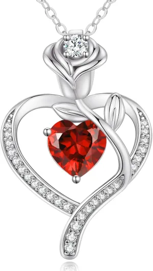 LOUISA SECRET Rose Flower Heart Birthstone Necklaces for Women, 925 Sterling Silver Fine Jewelry, Pendant Heart Necklaces Birthday Anniversary Christmas Gift for Women Wife Mom Girlfriend Lady