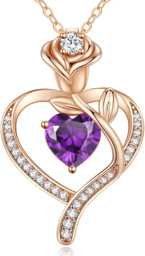 LOUISA SECRET Rose Flower Heart Birthstone Necklaces for Women, 925 Sterling Silver Fine Jewelry, Pendant Heart Necklaces Birthday Anniversary Christmas Gift for Women Wife Mom Girlfriend Lady