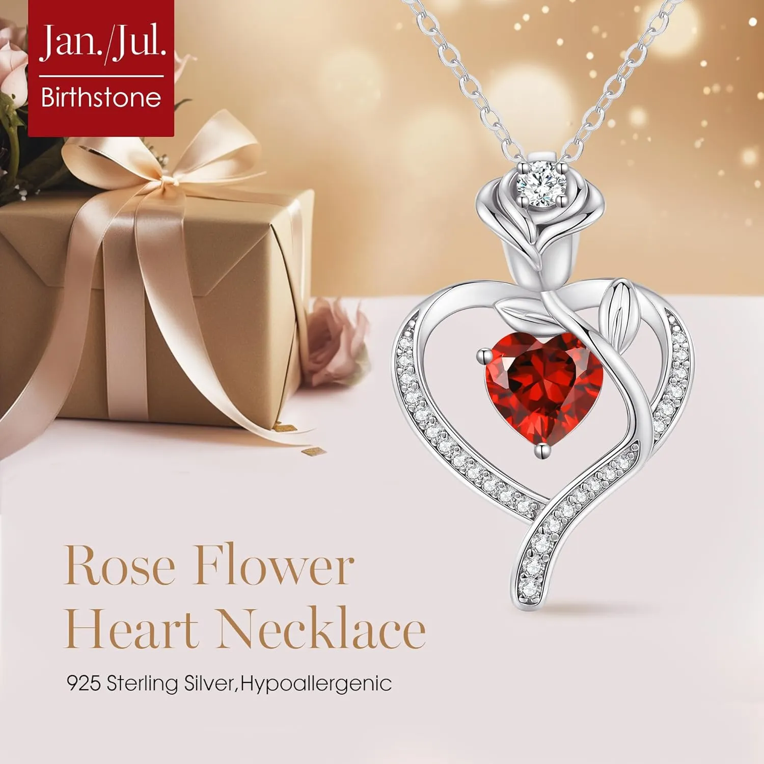LOUISA SECRET Rose Flower Heart Birthstone Necklaces for Women, 925 Sterling Silver Fine Jewelry, Pendant Heart Necklaces Birthday Anniversary Christmas Gift for Women Wife Mom Girlfriend Lady