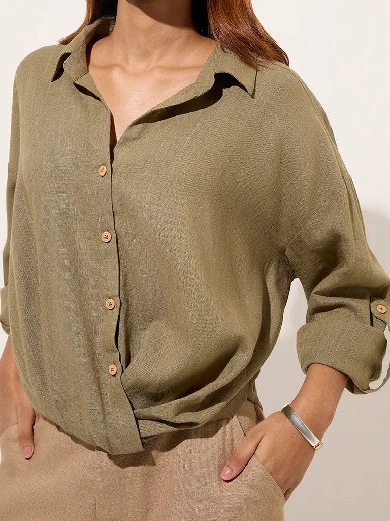 LOV Khaki Knot-Design Linen-Blend Shirt
