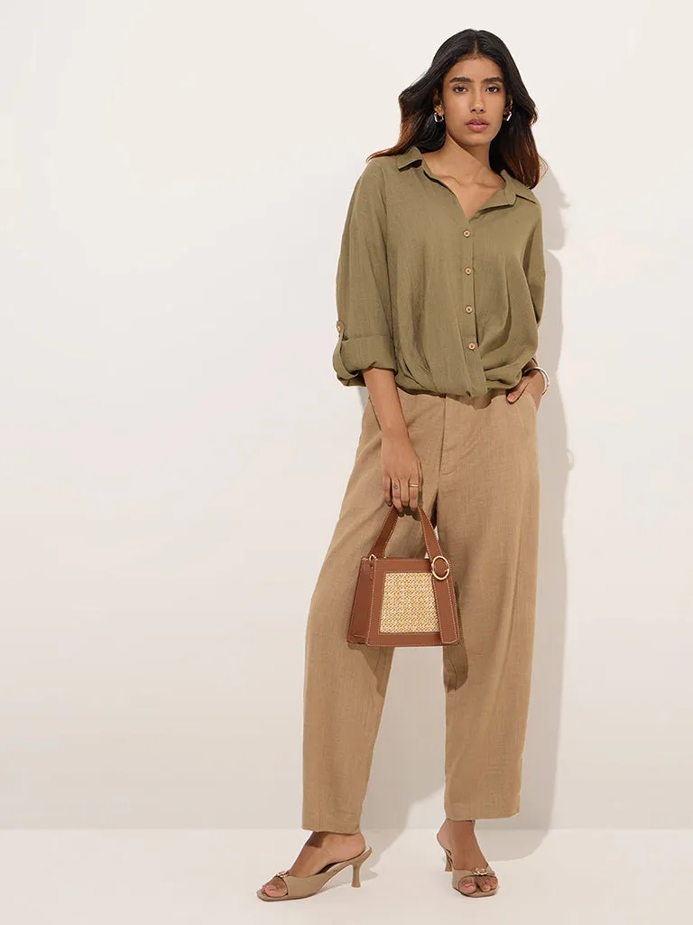 LOV Khaki Knot-Design Linen-Blend Shirt