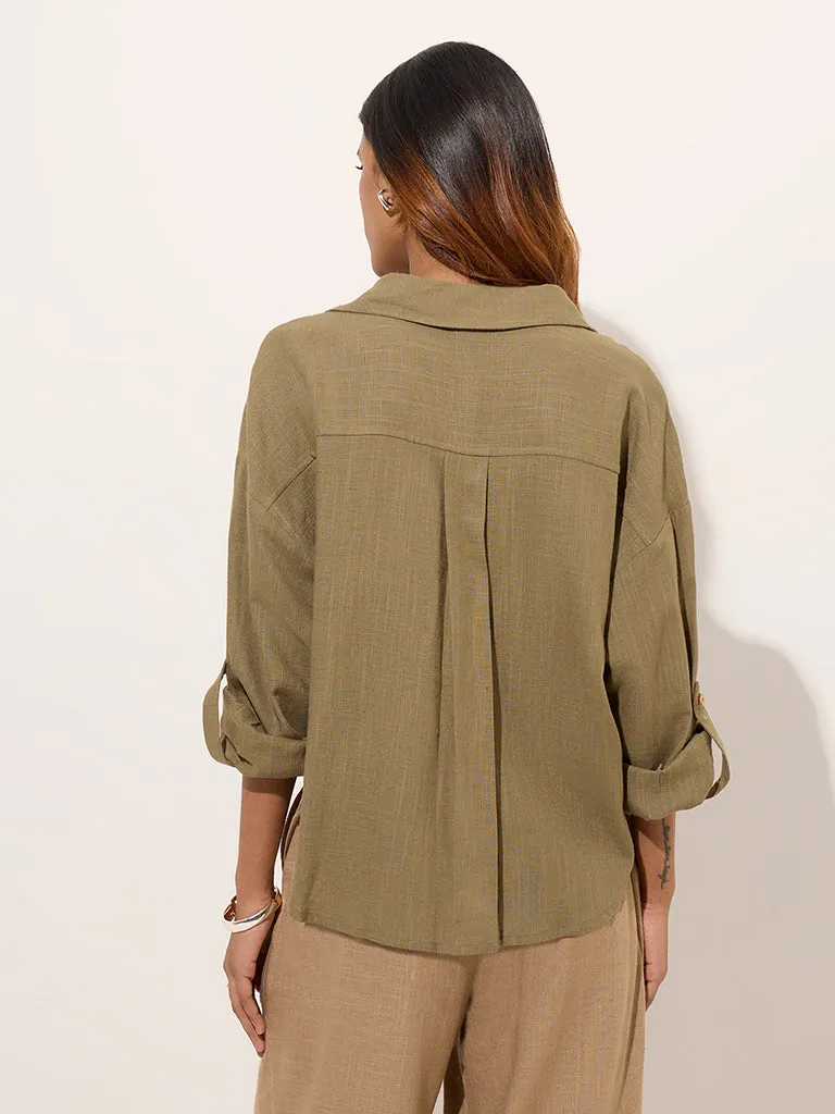 LOV Khaki Knot-Design Linen-Blend Shirt