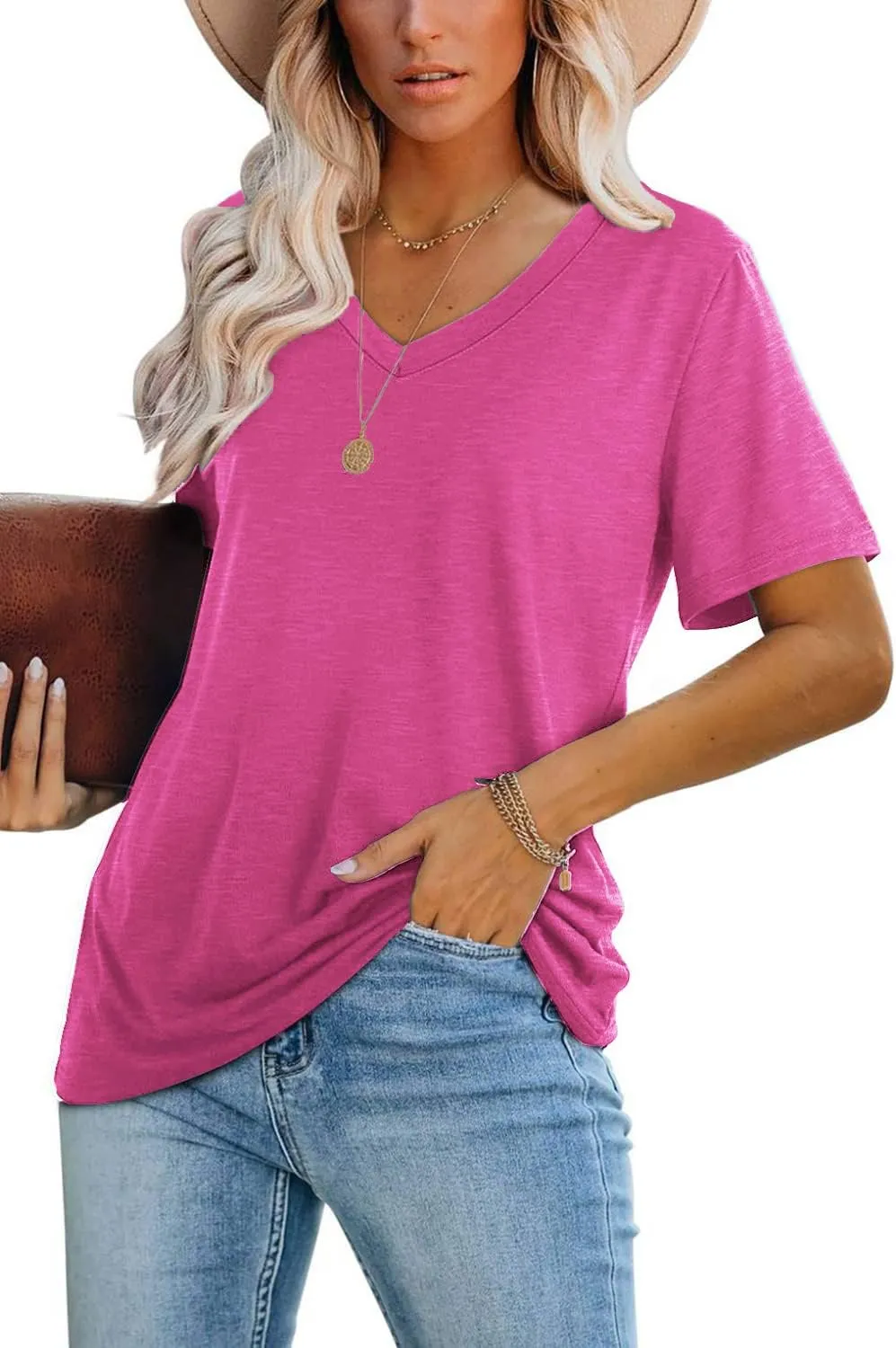 Lunivop Womens Tops Casual V Neck Short Sleeve Solid Color Basic T Shirt