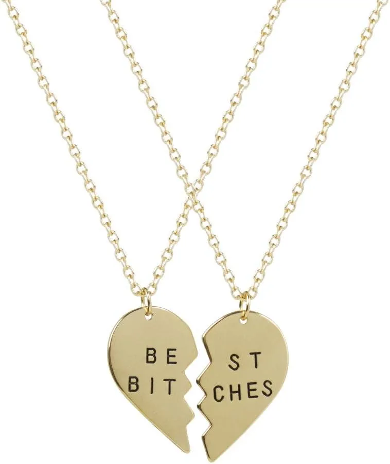 LUX ACCESSORIES Best Friends BFF Best Bitches Heart Pendant Necklaces (2pc)