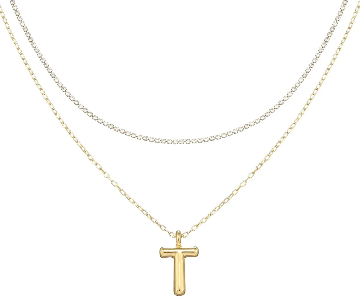 Madison Tyler Layered Bubble Letter Necklace Gold | Rhinestone Balloon Initial Necklaces for Women | Trendy Pendant Necklace for Women 2024 | Jewelry Gifts for Women
