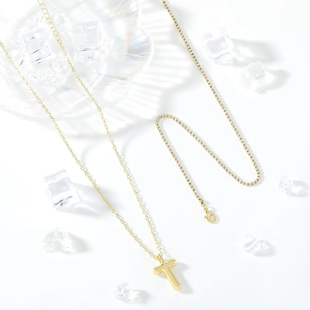 Madison Tyler Layered Bubble Letter Necklace Gold | Rhinestone Balloon Initial Necklaces for Women | Trendy Pendant Necklace for Women 2024 | Jewelry Gifts for Women