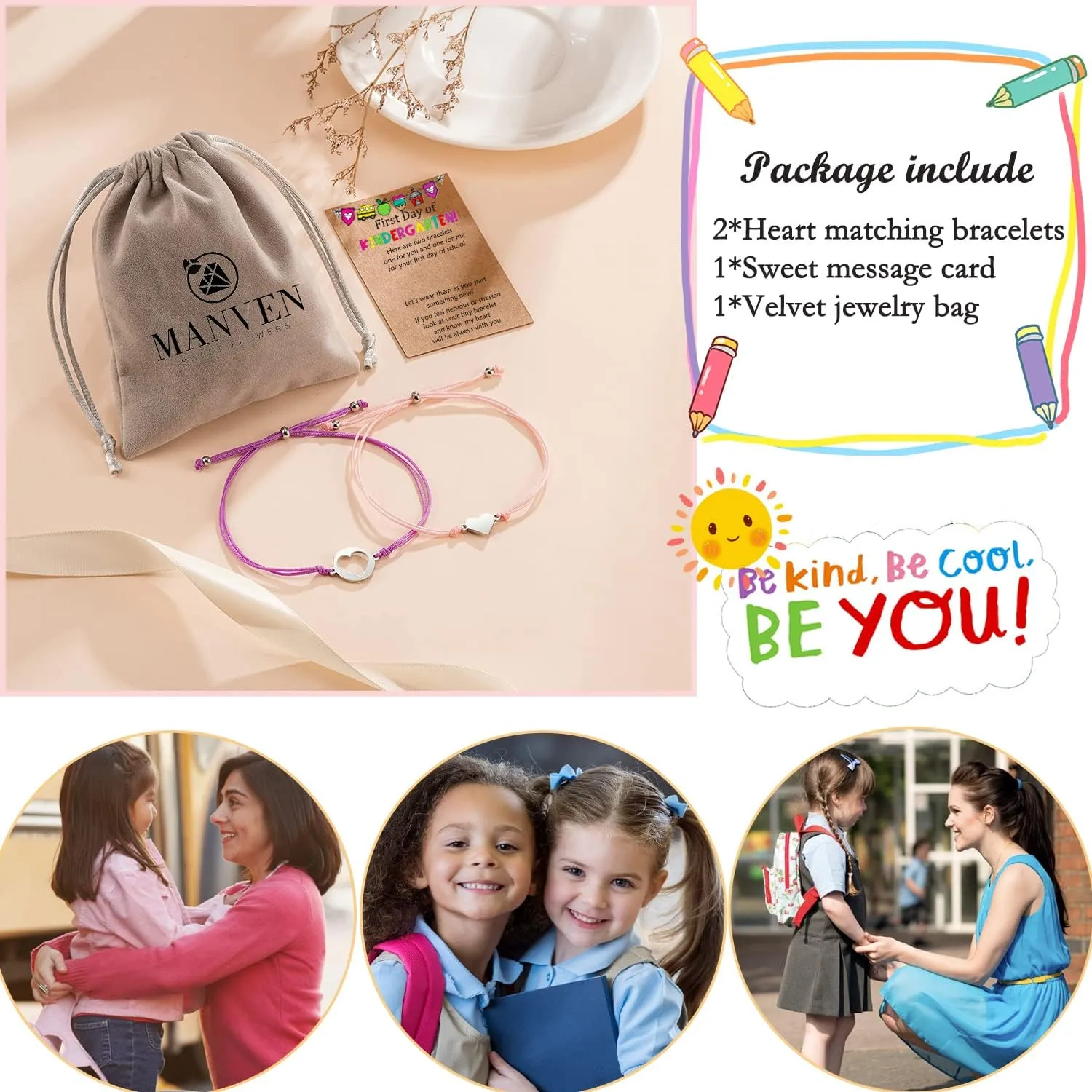 MANVEN First Day of School Bracelets for Mom and Daughter Back to school Gifts Mommy and Me Mother and Daughter Bracelets Matching Heart Wish Bracelets (Colorful)