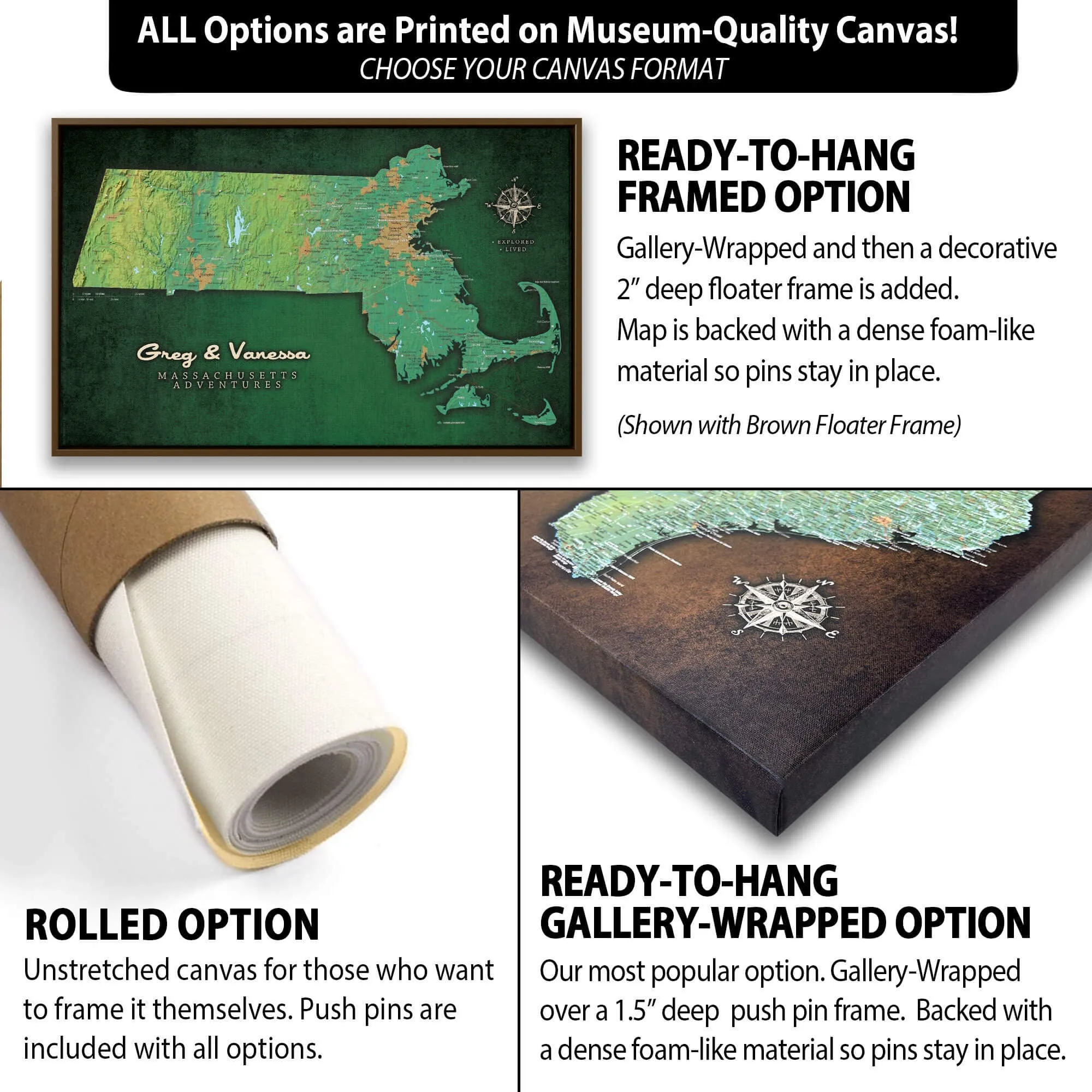 Massachusetts Push Pin Terrain Map