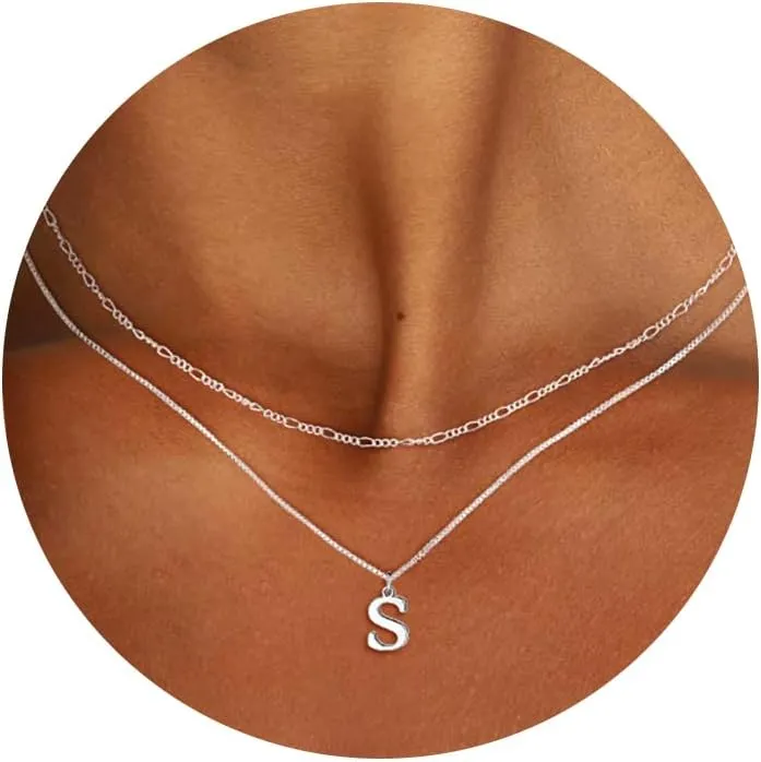 MBW Silver Initial Necklaces for Women Trendy, 14K Layered Necklace for Women Dainty Silver Letter Pendant Figaro Choker Necklaces Costume Monogram Name Necklace Silver Simple Tiny Jewelry Set