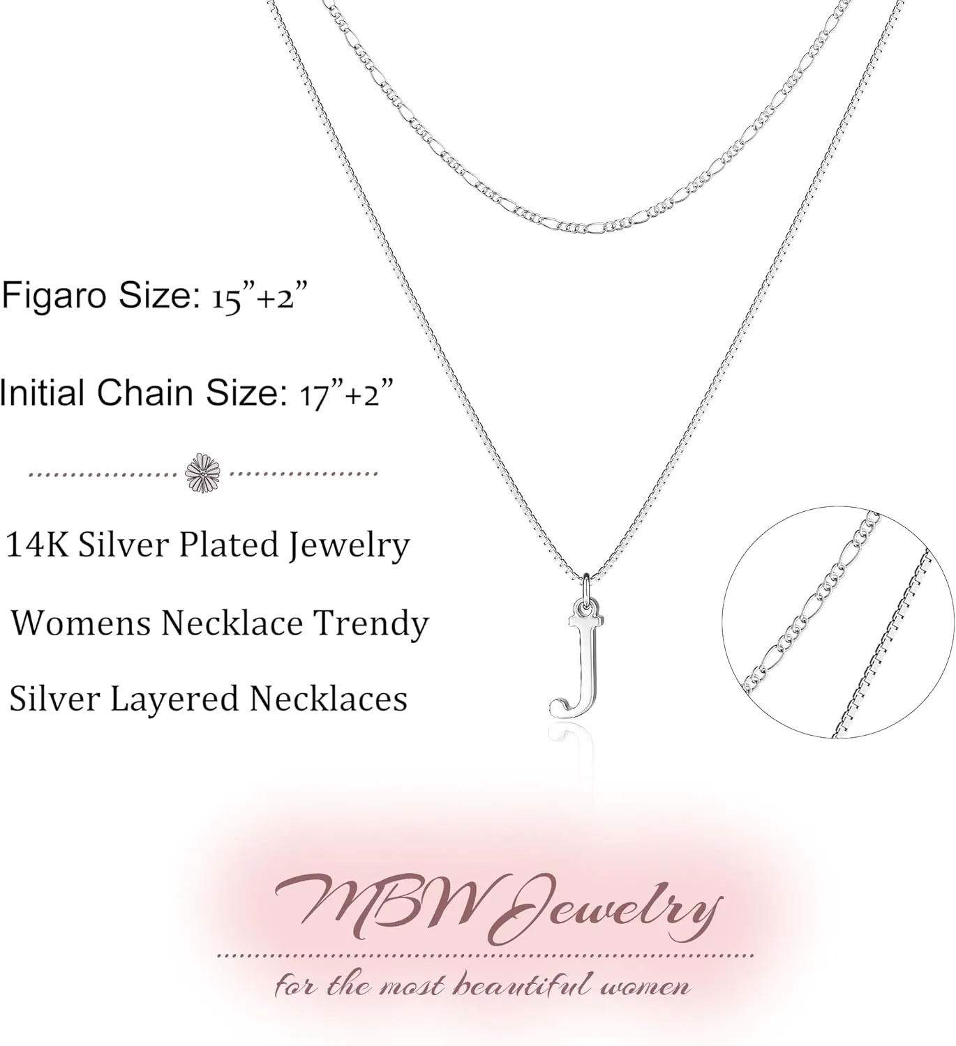 MBW Silver Initial Necklaces for Women Trendy, 14K Layered Necklace for Women Dainty Silver Letter Pendant Figaro Choker Necklaces Costume Monogram Name Necklace Silver Simple Tiny Jewelry Set