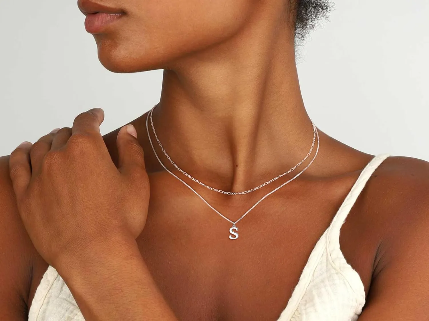 MBW Silver Initial Necklaces for Women Trendy, 14K Layered Necklace for Women Dainty Silver Letter Pendant Figaro Choker Necklaces Costume Monogram Name Necklace Silver Simple Tiny Jewelry Set