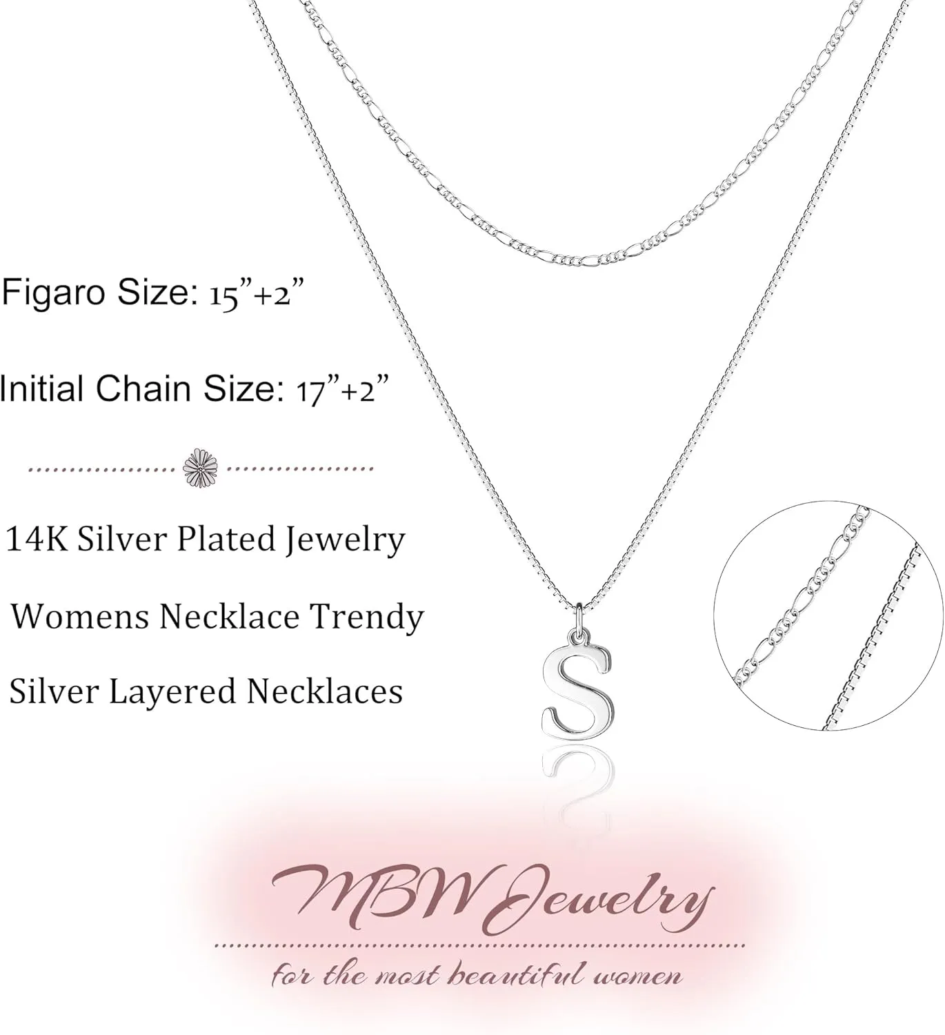 MBW Silver Initial Necklaces for Women Trendy, 14K Layered Necklace for Women Dainty Silver Letter Pendant Figaro Choker Necklaces Costume Monogram Name Necklace Silver Simple Tiny Jewelry Set