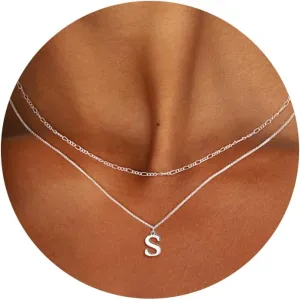 MBW Silver Initial Necklaces for Women Trendy, 14K Layered Necklace for Women Dainty Silver Letter Pendant Figaro Choker Necklaces Costume Monogram Name Necklace Silver Simple Tiny Jewelry Set