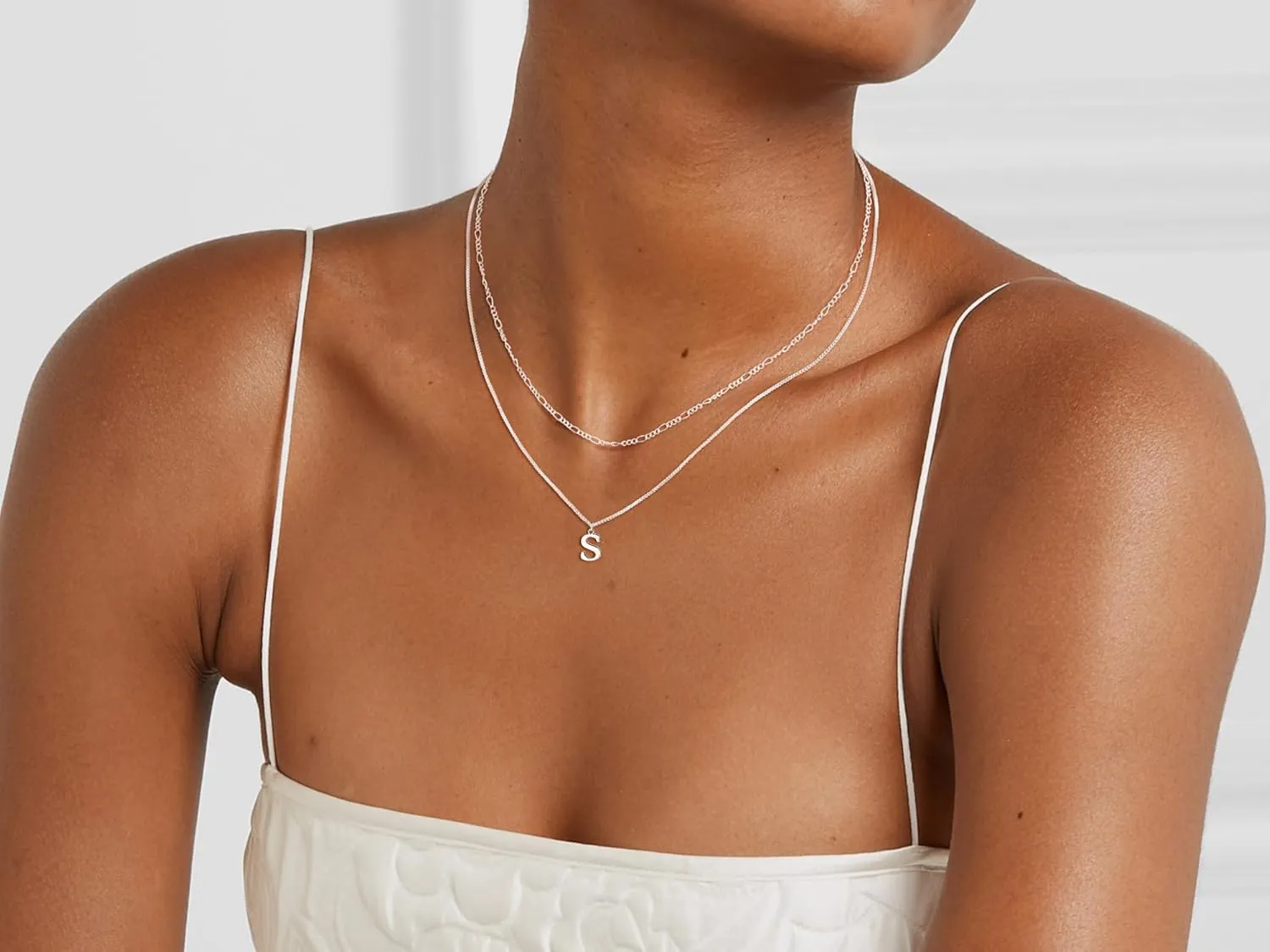 MBW Silver Initial Necklaces for Women Trendy, 14K Layered Necklace for Women Dainty Silver Letter Pendant Figaro Choker Necklaces Costume Monogram Name Necklace Silver Simple Tiny Jewelry Set