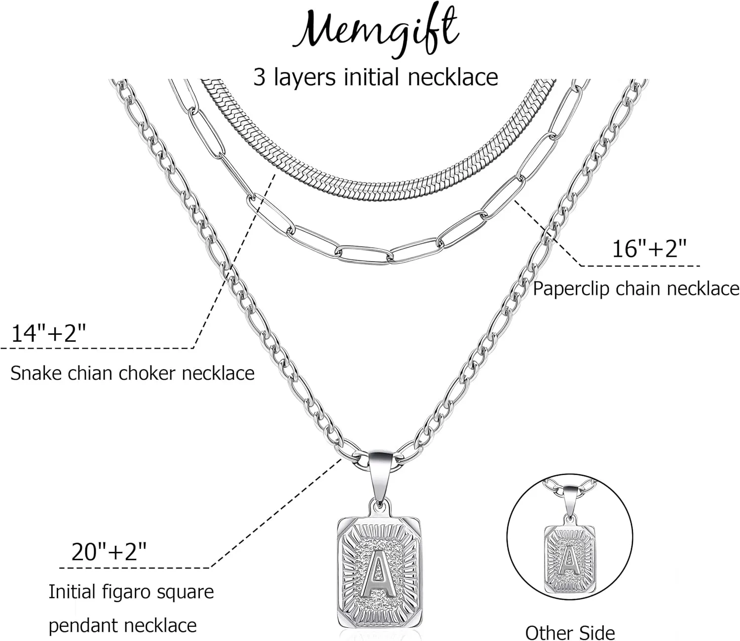 Memgift Gold Layered Necklace Set 3 PCS for Women Girls Dainty Trendy Paperclip Snake Choker Gold Filled Stainless Steel Figaro Chain Layering Necklaces Jewelry Gifts Square Pendant Letter A-Z