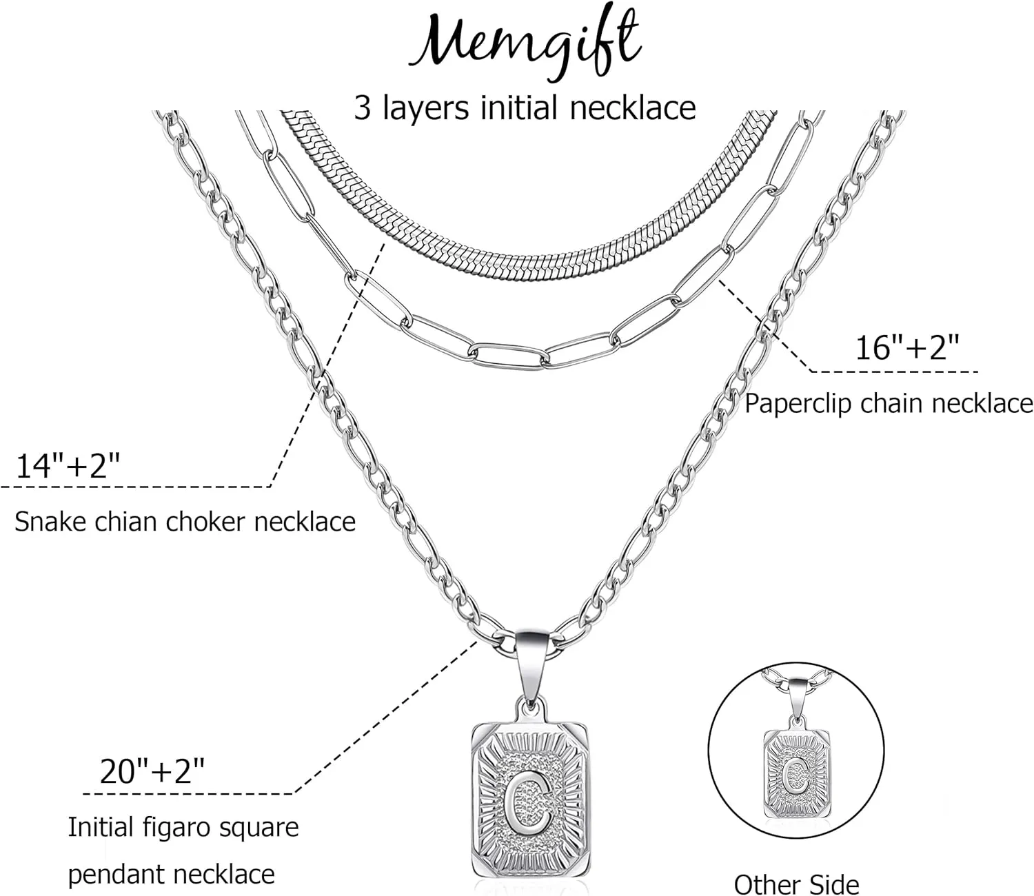 Memgift Gold Layered Necklace Set 3 PCS for Women Girls Dainty Trendy Paperclip Snake Choker Gold Filled Stainless Steel Figaro Chain Layering Necklaces Jewelry Gifts Square Pendant Letter A-Z
