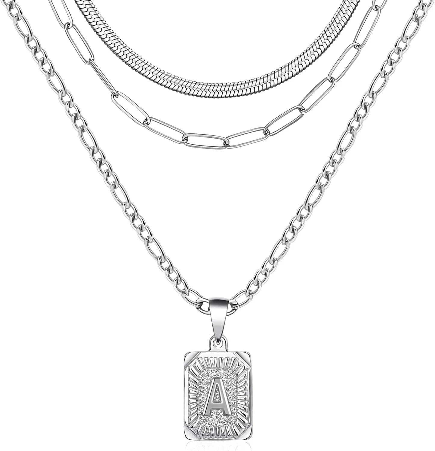 Memgift Gold Layered Necklace Set 3 PCS for Women Girls Dainty Trendy Paperclip Snake Choker Gold Filled Stainless Steel Figaro Chain Layering Necklaces Jewelry Gifts Square Pendant Letter A-Z