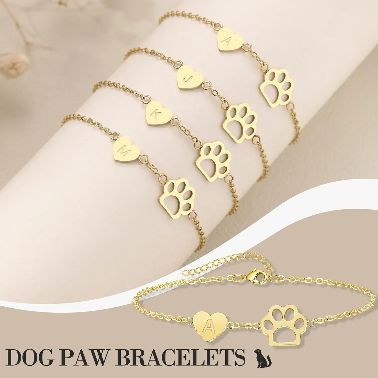 Memorial Gift for Pet Lover Initial Bracelet for Women with Heart Dog Paw Gold Bracelets for Women Non Tarnish Birthday Graduation Jewelry for Dogs Lover Sister Friends Mom