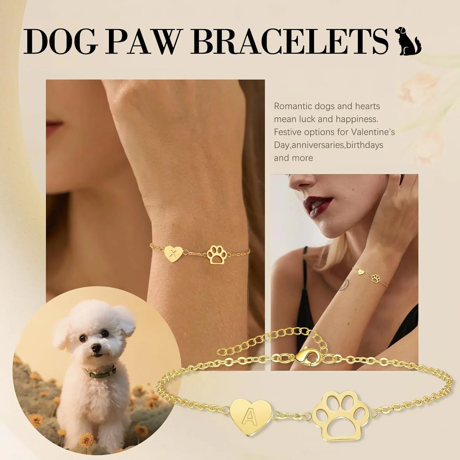 Memorial Gift for Pet Lover Initial Bracelet for Women with Heart Dog Paw Gold Bracelets for Women Non Tarnish Birthday Graduation Jewelry for Dogs Lover Sister Friends Mom
