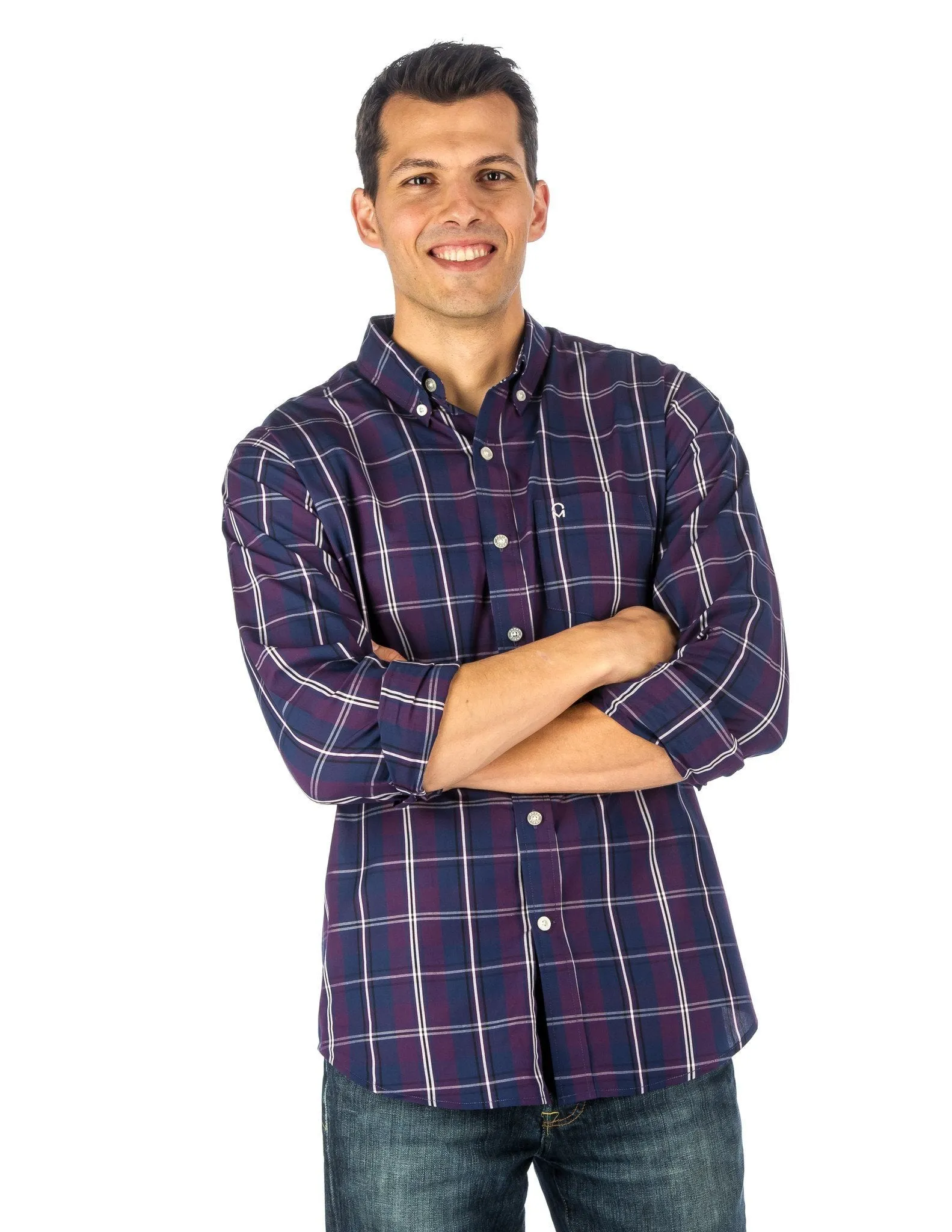 Men's 100% Cotton Casual Shirt - Regular Fit - Plaid Plum/Blue