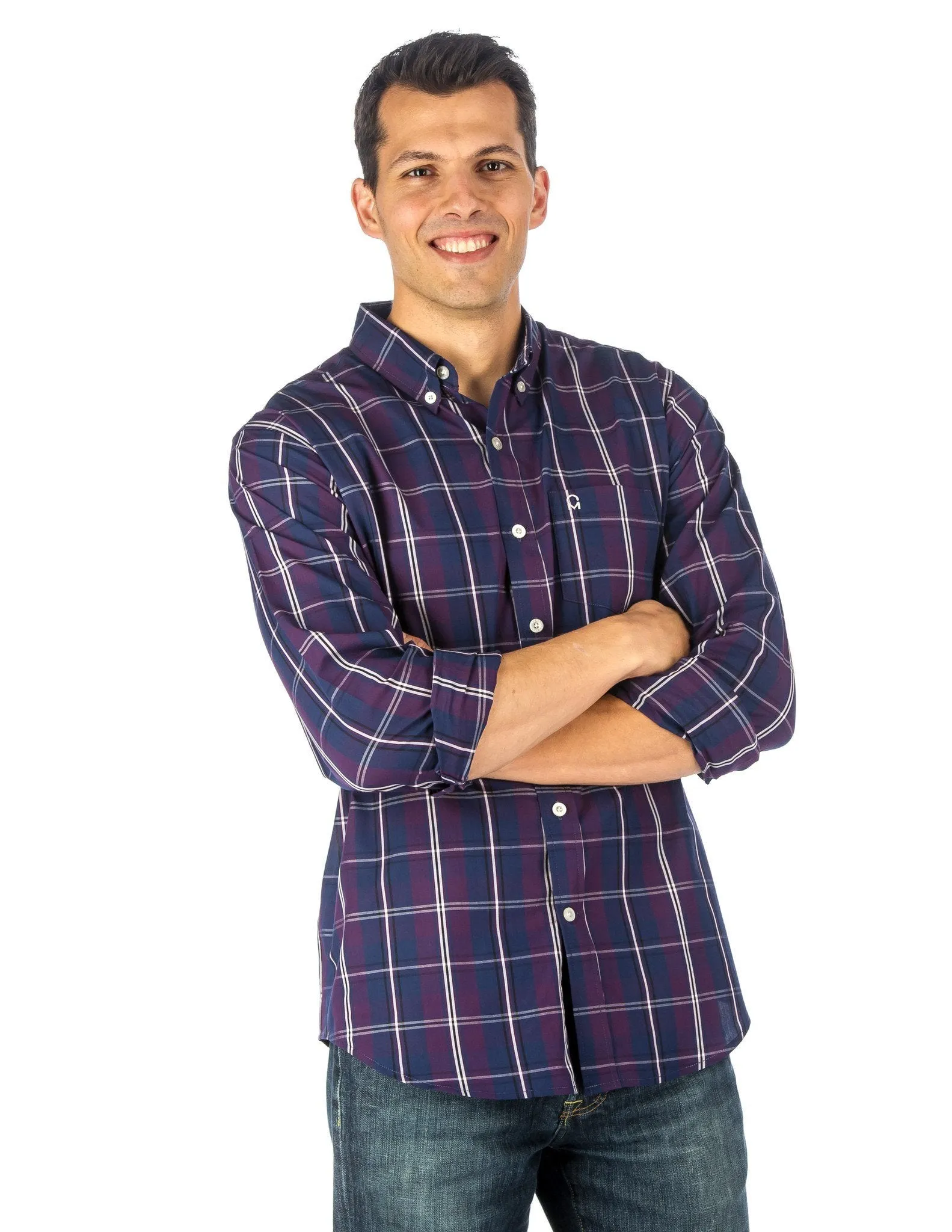 Men's 100% Cotton Casual Shirt - Regular Fit - Plaid Plum/Blue