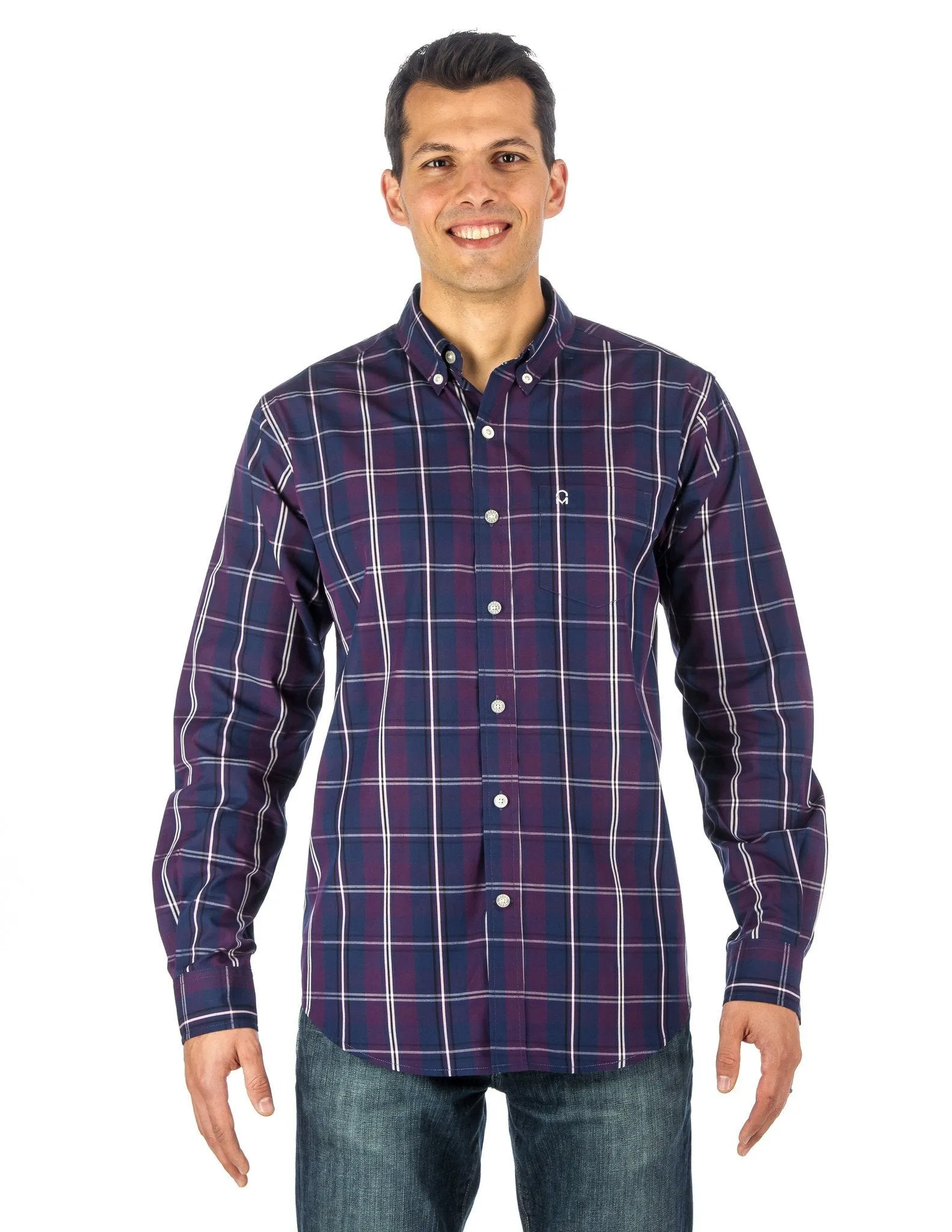 Men's 100% Cotton Casual Shirt - Regular Fit - Plaid Plum/Blue