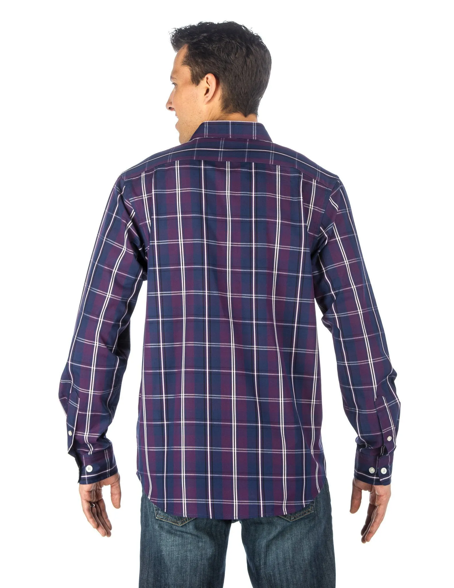 Men's 100% Cotton Casual Shirt - Regular Fit - Plaid Plum/Blue