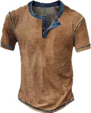 Mens Distressed Henley Shirts Vintage Color Block Waffle Plaid Short Sleeve Button T-Shirt Slim Fit Casual Shirt